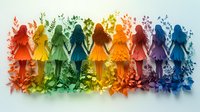 Rainbow colored paper art silhouettes of dancing women with floral elements arranged in spectrum order against white background, creating dimensional layered effect.