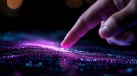Finger touching glowing digital particles creating purple and blue wave effect on dark background with bokeh lights. Futuristic technology concept.