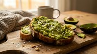 Fresh avocado toast on rustic sourdough bread with seeds and herbs on wooden cutting board. Healthy breakfast meal with coffee mug in cozy kitchen setting.