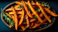 Crispy golden sweet potato fries seasoned with herbs and spices served on rustic wooden plate for healthy comfort food and restaurant menu.