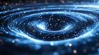 Glowing spiral galaxy in deep space with bright stars and cosmic dust swirling in blue light against dark background, creating mesmerizing astronomical view.