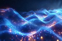 Magical glowing waves of blue light with sparkles and particles flowing in dark space create atmospheric abstract background for technology designs.