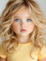 Young girl with striking blue eyes and wavy blonde hair wearing yellow top, soft portrait with gentle lighting and natural makeup for fashion and beauty concepts.