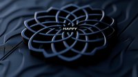 Elegant black flower-shaped emblem with "HAPPY" text in center on dark textured surface, creating sophisticated mood for luxury branding.