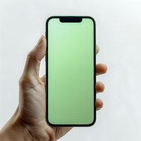 Hand holding modern smartphone with green screen display against white background, mockup ready for content placement.