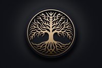 Golden tree of life symbol in circular frame on dark background, mystical ancient sacred geometry design with detailed root system and branches.