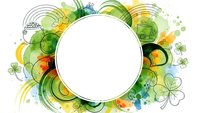 Abstract spring frame with green circles, shamrocks and colorful swirls on white background for St Patrick Day design and seasonal decorations.