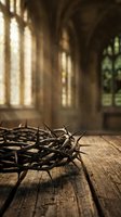 Crown of thorns resting on wooden floor in gothic cathedral interior with sunlight streaming through arched windows, symbolizing suffering and redemption.