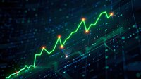 Glowing green stock market chart showing upward trend with data points highlighted in orange against dark blue digital background.