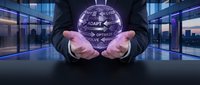 Professional businessman holding glowing digital sphere with adapt text in modern office environment showcasing business transformation and adaptability concepts.