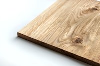 Natural oak wooden board with distinctive grain pattern and knot detail on white background, isolated product photography for furniture and interior design.