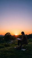 Man sitting on chair outdoors holding tablet at sunset, viewing digital content against golden sky and distant cityscape. Perfect for technology, remote work, and outdoor lifestyle concepts.