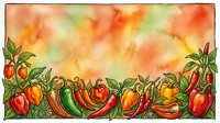 Watercolor illustration of fresh red, yellow, and green peppers with foliage border on warm gradient background. Isolated design element suitable for culinary projects, recipe cards, and kitchen decor.