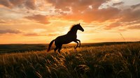 Majestic horse rearing up in golden grassland field at dramatic sunset with orange sky clouds creating powerful silhouette against nature landscape horizon.