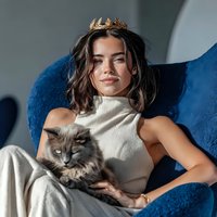 Young woman with golden crown relaxing in blue armchair holding fluffy gray kitten in cozy modern interior setting for lifestyle and pet photography.