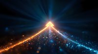 Glowing arrow path with orange and blue light rays emerging from central point against dark background, abstract digital design with bokeh effect and light beams.