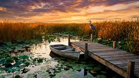 Tranquil sunset scene with wooden dock, small boat and heron by marsh pond surrounded by tall reeds. Perfect for nature and wildlife themed projects.