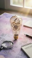 Vintage lightbulb with mechanical gears inside on business documents with magnifying glass and notebook for innovation and creative thinking concepts.