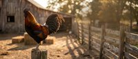 Rooster standing on wooden post in rustic farm setting with golden sunlight, wooden fence and barn in background. Use for agricultural, rural lifestyle and farming content.