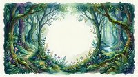 Watercolor enchanted forest frame with glowing oval center, lush green trees, wildflowers, and mushrooms, copy space for text or design.