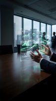 Businessman using holographic data visualization technology with charts and graphs in modern office conference room for business analytics and forecasting.