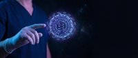 Medical professional in blue scrubs pointing at glowing coronavirus molecule structure for healthcare education and virus research presentations.