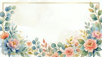 Watercolor floral frame with roses, peonies, and eucalyptus leaves on white background, soft pastel tones, golden border, copy space.