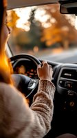 Young woman in beige knit sweater driving car during autumn sunset, view from behind showing hands on steering wheel against blurred golden bokeh background.