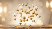 Fresh popcorn kernels exploding and flying through air against warm golden bokeh background on wooden surface for snack and entertainment concepts.