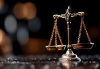 Decorative brass scales of justice on dark background with bokeh lights, symbolizing law, judgment and legal system balance in courtroom setting.