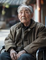 Senior Asian man in wheelchair wearing brown coat, looking contemplative with folded hands. Natural lighting creates soft portrait atmosphere for healthcare and aging concepts.