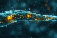 Glowing blue and gold neural network visualization with electric connections on dark background for science and technology concepts.