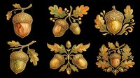 Autumn acorn clipart set with oak leaves in golden tones, isolated on transparent background. Ready for stickers, t-shirt design, print on demand, and sublimation.