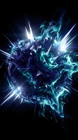 Abstract blue energy explosion with bright white light rays bursting from crystalline fragments on black background for digital art and sci-fi designs.