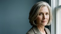Senior woman with long gray hair and fair complexion, wearing a taupe blazer, posed near a window with soft natural light against a blue-gray wall background.