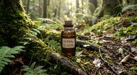 Small amber glass bottle with herbal elixir label sits on moss-covered forest floor surrounded by ferns and natural woodland elements for wellness and nature concepts.