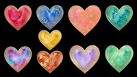 Set of eight decorative hearts in vibrant colors with ornamental patterns, isolated on transparent background. Ready for t-shirt designs, stickers, clipart, sublimation, print-on-demand products, and digital crafts.