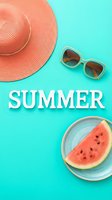 Summer flat lay with straw hat, sunglasses, and watermelon slice on turquoise background with bold text for seasonal design.