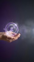 Hand holding glowing purple orb with user profile icon and sparkling light effects, representing digital identity, personal branding, social networking, and technology innovation concepts.