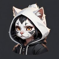 White cat character wearing black hoodie with amber eyes and distinctive facial markings on dark background, stylized anime-inspired digital art portrait.