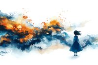 Young woman silhouette standing against dramatic orange and blue watercolor sky background, artistic abstract landscape with flowing paint splashes and clouds.