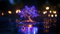 Glowing purple wire tree sculpture reflecting on wet surface with bokeh lights in background creates magical nighttime atmosphere. Artistic nature concept.