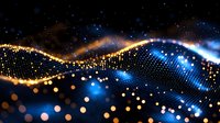 Glowing particles form dynamic waves against dark background with golden and blue light effects creating futuristic abstract pattern. Suitable for tech backgrounds.