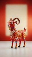 Red decorative goat figurine with golden ornaments and traditional patterns on gradient background for lunar new year celebrations and festive decorations.