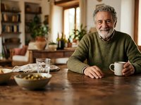 Senior man with gray hair and beard, Mediterranean ethnicity, sitting at wooden table in modern home interior holding coffee mug, relaxed lifestyle portrait for wellness and retirement concepts.