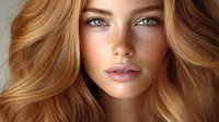 Close-up portrait of young woman with strawberry blonde wavy hair, blue eyes, and natural freckles against soft neutral background.