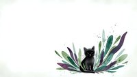 Black cat silhouette sitting among watercolor leaves in green and purple tones on white background for pet themed designs and decorations.