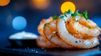 Grilled jumbo shrimp with herbs and spices on dark slate plate against blurred bokeh background. Close-up macro shot highlights texture and seasoning.