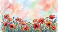 Watercolor poppy field with red orange flowers and green stems on soft pastel background. Hand drawn floral border design for spring decoration projects.