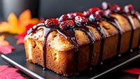 Homemade pound cake drizzled with dark chocolate and topped with fresh cranberries on black serving plate, autumn maple leaves decoration in background.